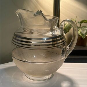 Mid Century‎ Glass Pitcher w Silver Bands Atomic MCM Barware